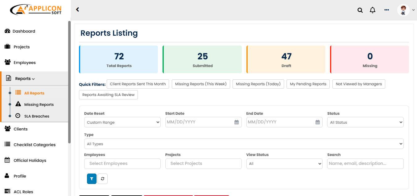 Intelligent Reporting - Get real-time insights into your team's performance with structured, automated report listings. Filter by date, status, or employee with one click.